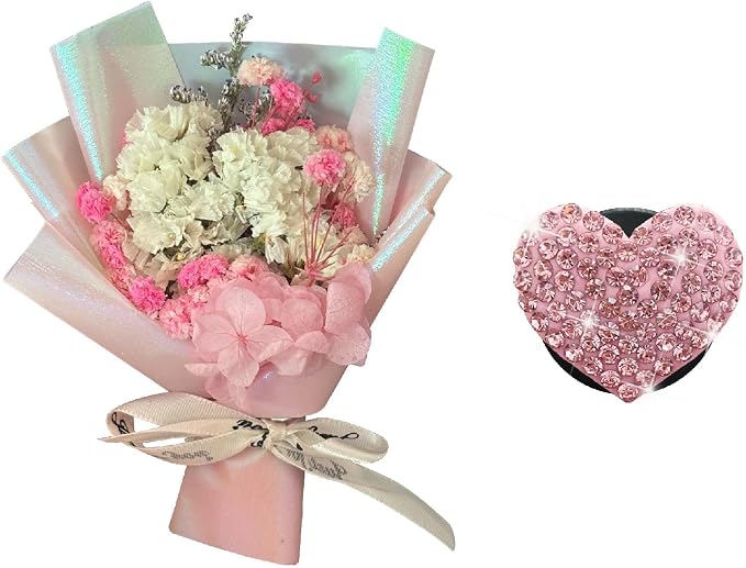 Mini Dried Flowers + Heart Car Vent Clips-Decorative Air Outlet Bouquets with Floral Scent,Fragrance Diffusers for Vehicle Interior Decor,Automotive Air Freshener Decorations (Pink, Random fragrance)