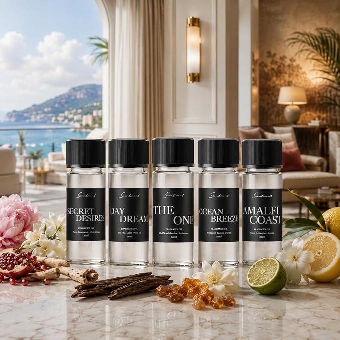 Scentiment Luxury Hotel Scents – 5 Diffuser Oil Set | Secret Desires, Day Dream, The One, Ocean Breeze & Amalfi Coast | Fresh Floral, Woody & Citrus Scents Home Fragrance Oils 5 x 0.68 fl oz (20 mL)