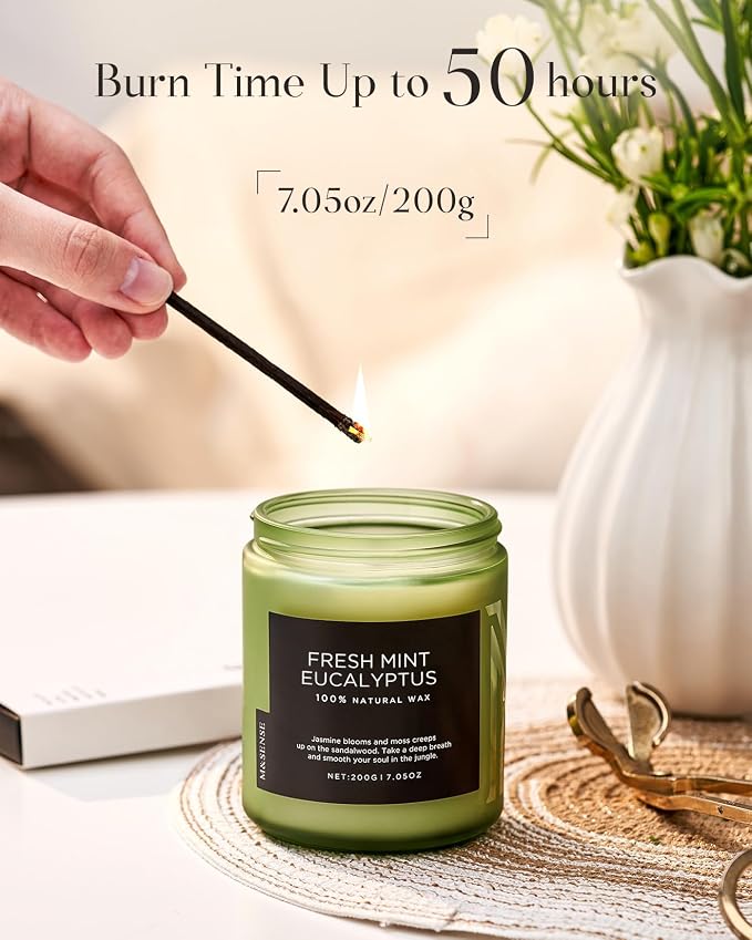 M&SENSE Eucalyptus & Mint Candles for Home Scented, 7.05oz Natural Soy Wax, 50 Hours Clean Burn Non Toxic Aromatherapy Candle, Slow Burning for Stress Relief Meditation Relaxation Spa