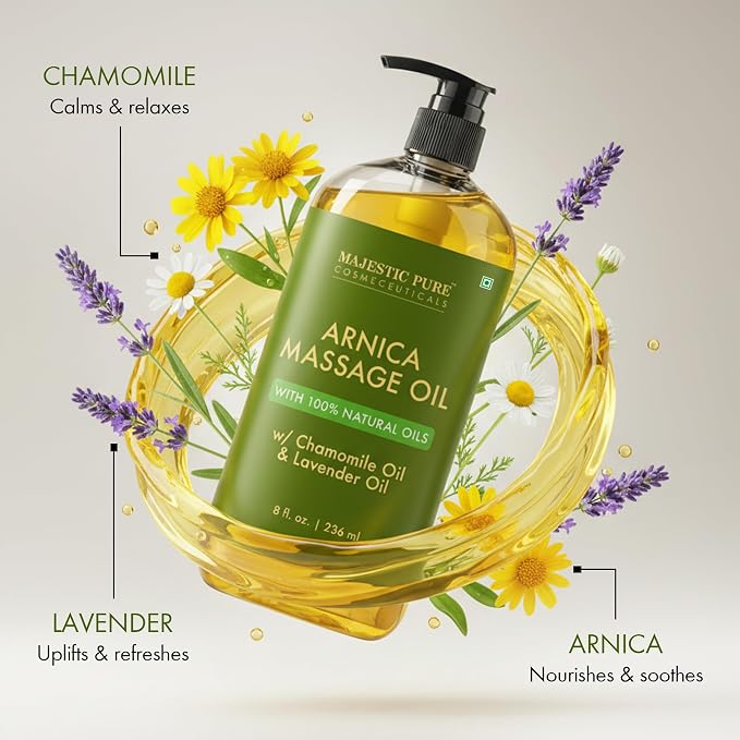 MAJESTIC PURE Arnica Sore Muscle Massage Oil for Massage Therapy - Refreshing and Relaxing - Natural Oils with Lavender & Chamomile Essential Oils - All Skin Types - Men & Women Massage Lotion-8 fl oz