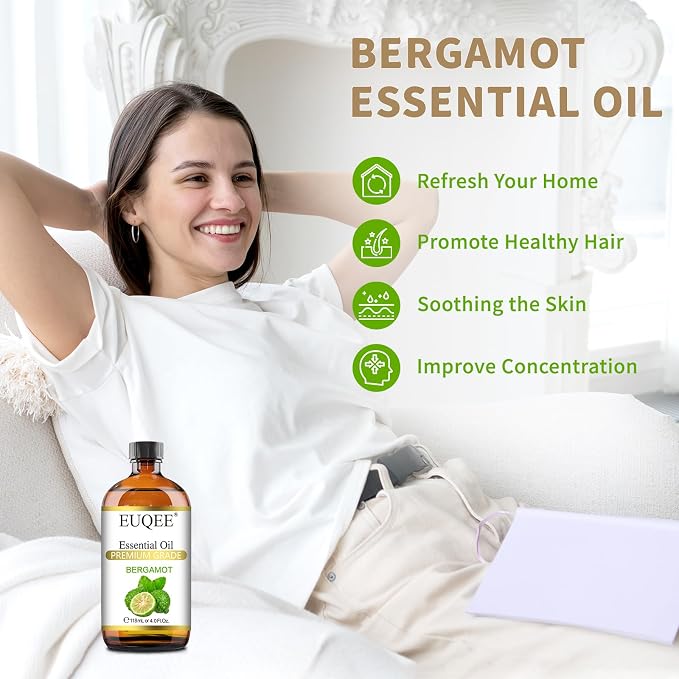 EUQEE Bergamot Essential Oil 118ml Pure Bergamot Oil for Aromatherapy, Diffuser, Sopa Candle Making, Large Bottle with Gift Box -4 fl.oz