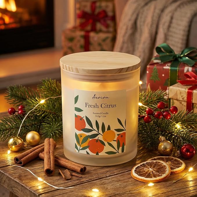 Fresh Citrus Scented Candle, 11oz 60 Hour Burn, Natural Soy Wax with Thick Cotton Wick, Highly Scented Aromatherapy Candle for Stress Relief & Meditation, Gifts for Women & Men