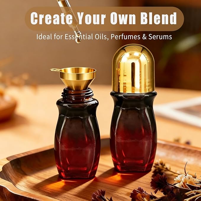Green Aventurine Amber Roller Waisted Bottles for Essential Oils,50ml Refillable Amber Glass Roll On Bottles with Natural Crystal Roller Balls, Leak-Proof Travel Perfume Bottle with Gold Caps