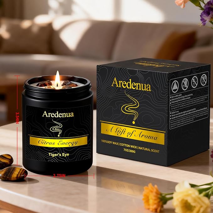 Crystal Candle with Tiger Eye Healing Crystals, Citrus Aromatherapy Candle for Confidence, Natural Soy Wax Scented Candle with Real Gemstone, 7oz Long Burning, Motivational Chakra Gift