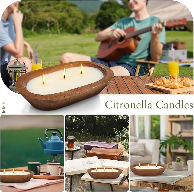 Citronella Candle in Wooden Bowl, 8oz Triple-Wick Smokeless Candle, Clean Burning Natural Citronella Scented Candle for Home Decor, Patio, Garden and Relaxation