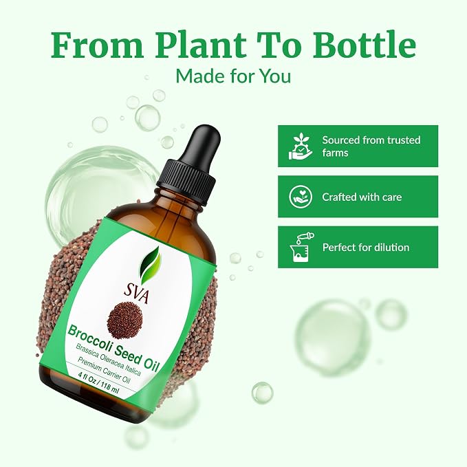 SVA Broccoli Seed Oil - 4 Fl Oz – 100% Natural Cold Pressed Broccoli Oil - for Face, Skin Care, Hair Care, Scalp Massage & Body Massage – Carrier Oil with Dropper