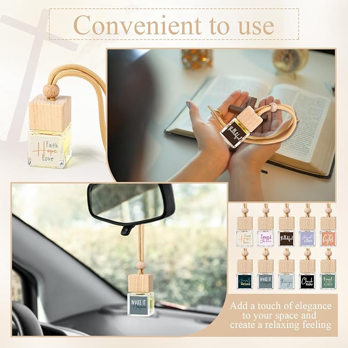 Teenyyou 10 Pcs Christian Appreciation Gifts for Church Christian Car Hanging Ornament Empty Glass Essential Oil Diffuser Religious Inspirational Biblical Gifts for Women School Church Supplies