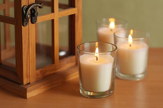 Hosley Set of 12 Ivory Unscented Votive Candles 12 Hour Burn Time Hand-Poured Wax in Clear Glass Holders Long-Lasting, Smokeless Candles for Weddings, Home Décor, Spa & Events.