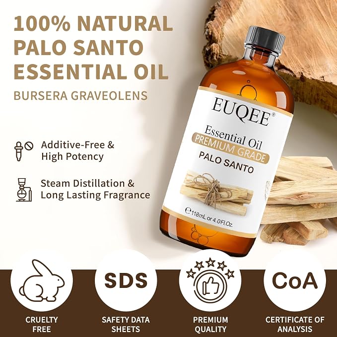 EUQEE Palo Santo Essential Oil 118mL Pure Palo Santo Oil Premium Essential Oil with Glass Dropper for Diffuser, Soap Candle Making - 4Fl. Oz