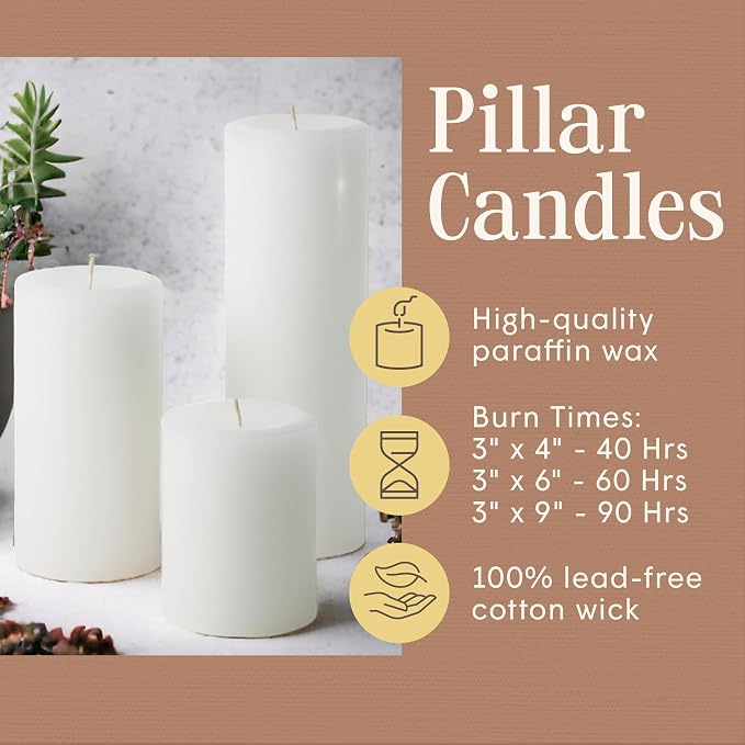 Mister Candle White Unscented Dripless Pillar Candles Set of 3, 3 Inch Diameter, Hand Poured, Premium Wax, Decorative Pillar Candles (3" x 4", 3" x 6", and 3" x 9", White)