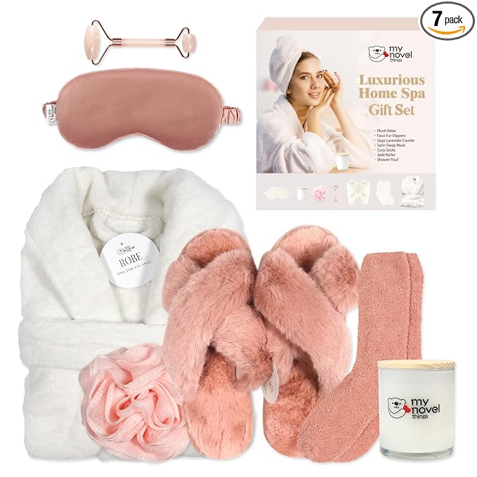 my novel things Birthday Gifts For Women, Bathrobe Set With Silky Sleep Mask, Spa Robe and Slippers set, Scented Candle Self Care 7 Pack Get Well Self-Care Gifts for Christmas Thanksgiven Day Red