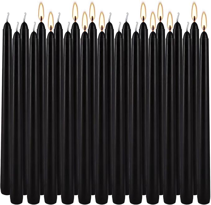 YOROXRG 24 Pack Black Taper Candles, 7-8 Hours Burn Time, Unscented, Smokeless and Dripless, 0.75 x 10 Inch Dinner Candle Set for Halloween, Household, Wedding, Party and Home Décor Candlesticks