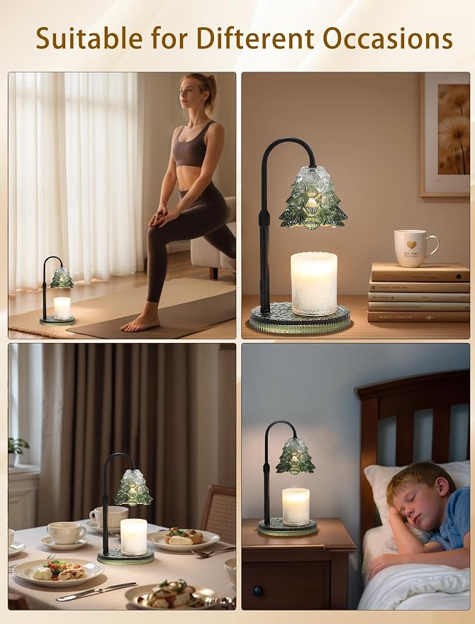 Candle Warmer Lamp with Timer & Dimmer, Crown Glass Lamp Candle Warmer for Jar Candles, 2 Bulbs, Height Adjustable Electric Wax Warmer for Elegant Home Decor (Evergreen Glow)