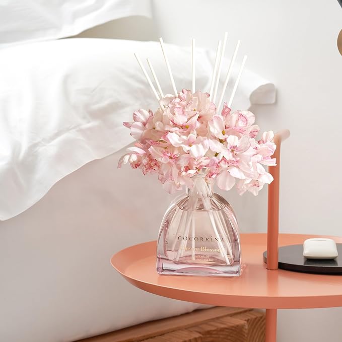 COCORRÍNA Reed Diffuser - 8.5 Oz Cherry Blossom Reed Diffuser with 8 Sticks for Home Bathroom Shelf Decor (Simple Luxe Collection)