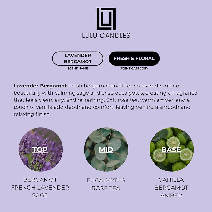 Lulu Candles | Lavender Bergamot | Luxury Scented Soy Jar Candle | Hand Poured in The USA | Highly Scented Long Lasting (9 Oz.)