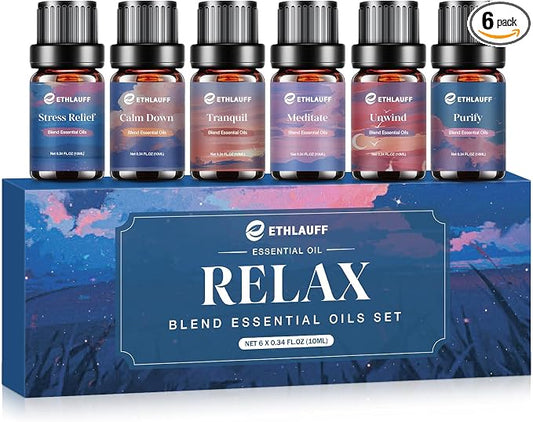 Relax Eessential Oils Set, Diffuser Oil for Home, Humidifiers, Candle Making, Aromatherapy - Stress Relief, Calm Down, Tranquil, Meditate, Unwind, Purify, 6x10ml
