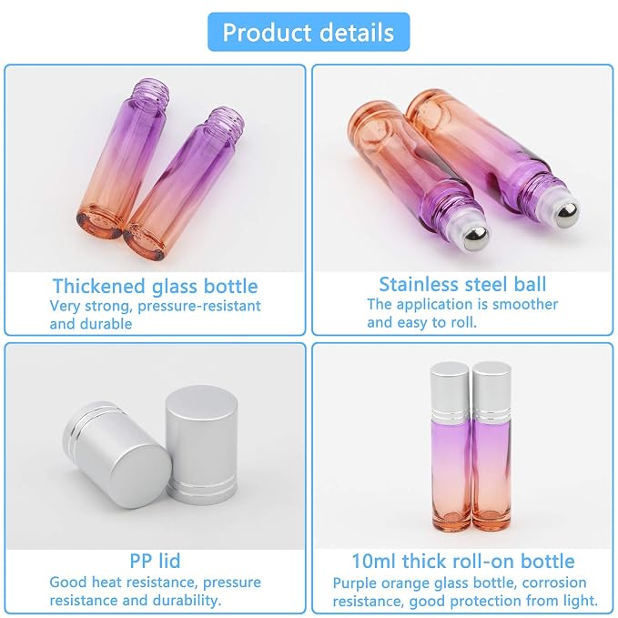 10Pcs Glass Roller Bottles Set, 10ml (1/3oz) Purple Orange Gradient Roll on Vials with Funnels, for Essential Oil Aromatherapy Perfume Liquid Massage