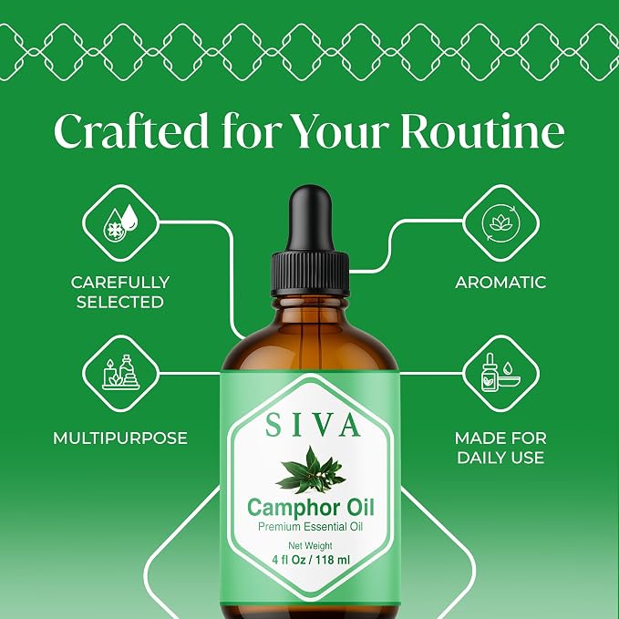 Siva Camphor Essential Oil 4 Fl Oz – for Diffuser, Skin & Hair Care – Ideal for Aromatherapy, Massage & DIY Blends- with Dropper
