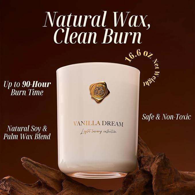 M&SENSE Vanilla & Dream Scented Candle | 90-Hour Burn,16.6 oz | Long-Lasting for Mood Healing and Gifting | Natural Non-Toxic Soy Wax | for Bathroom, Kitchen, Office