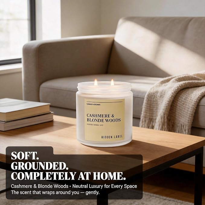 Hidden Label Cashmere Blonde Woods Soy Candle, 12oz 2-Wick, 70H Cozy | Non-Toxic Natural Wax, Paraben & Phthalate-Free, Clean Burn | Gender-Neutral Gift & Elegant Decor | Stress Relief & Grounding