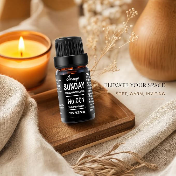 Gooamp SUNDAY-001 Diffuser Oil Essential Oils Blend - Vanilla/Rose/Jasmine - 10mL 0.33fl.oz - Suitable for Water, Anhydrous, Reed, Cold Air, and Automobile Diffusers - Ideal for DIY Crafts