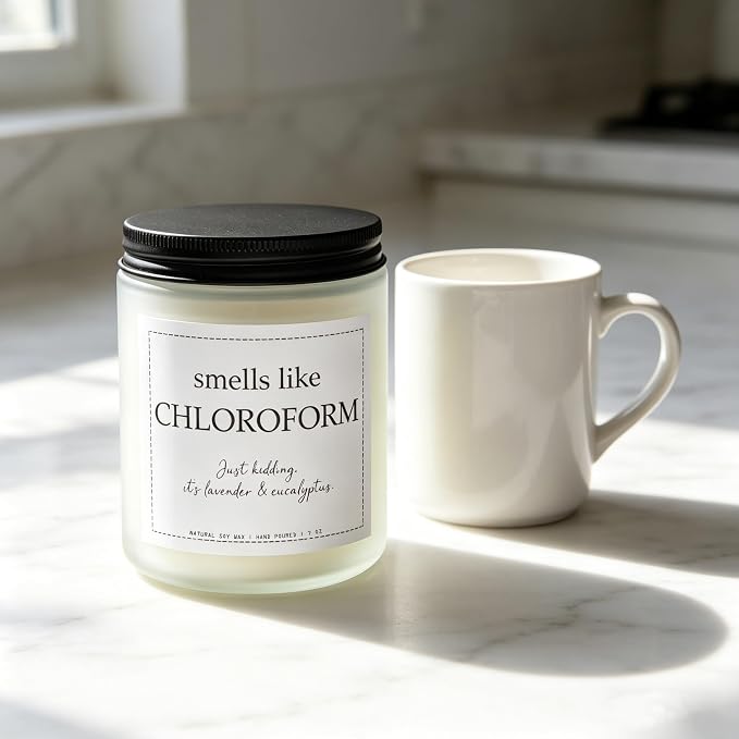 “Smells Like Chloroform” Candle, True Crime Gifts for Women, Stress Relief Gifts, Serial Killer Gift, Crime Junkie Merch, Lavender & Eucalyptus, 100% Soy Wax, 7OZ