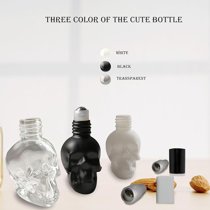 7 pcs Set 10ml Mini Skull Glass Oil Roller Bottles Leakproof Essential Oils Bottle for Storage and Travel (transparent)