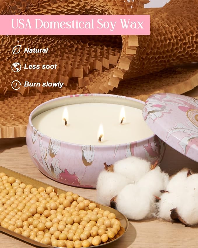 M&SENSE Cherry Blossom Scented Candles 12 oz, Large 3 Wick Soy Tin Candle, Over 40 Hour Burning Time, 100% Natural Vegan Wax, Relaxing Aromatherapy Aesthetic Candle Gift for Women and Men