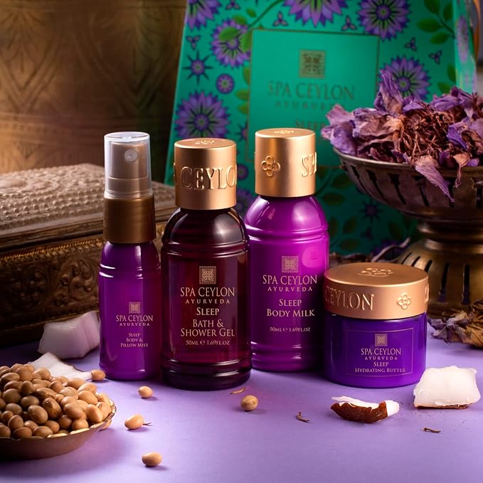 Spa Ceylon Ayurveda Sleep Discovery Set – 4-Piece Natural Bedtime Gift Set with Lavender, Ylang Ylang & Patchouli – Shower Gel, Body Milk, Pillow Mist & Hydrating Butter