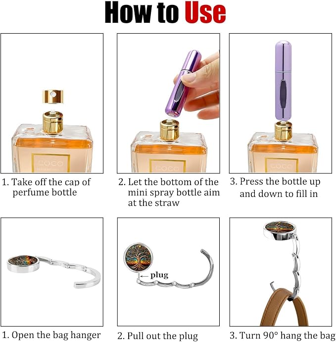 Perfume Atomizer Travel, 5ML Perfume Atomizer Refillables for Refill Portable Cologne Dispenser Small Spray, and 2Pcs Purse Hooks for Tables