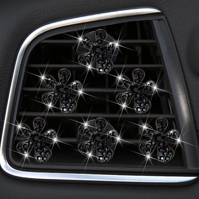 Daisy Air Vent Clips, 3 Pcs Cute Flower Crystal Rhinestone Car Air Conditioning Outlet Clip Vehicle Air Freshener Clip Charm Car Inter Decor Accessories for Women (Black, 1.6inch)