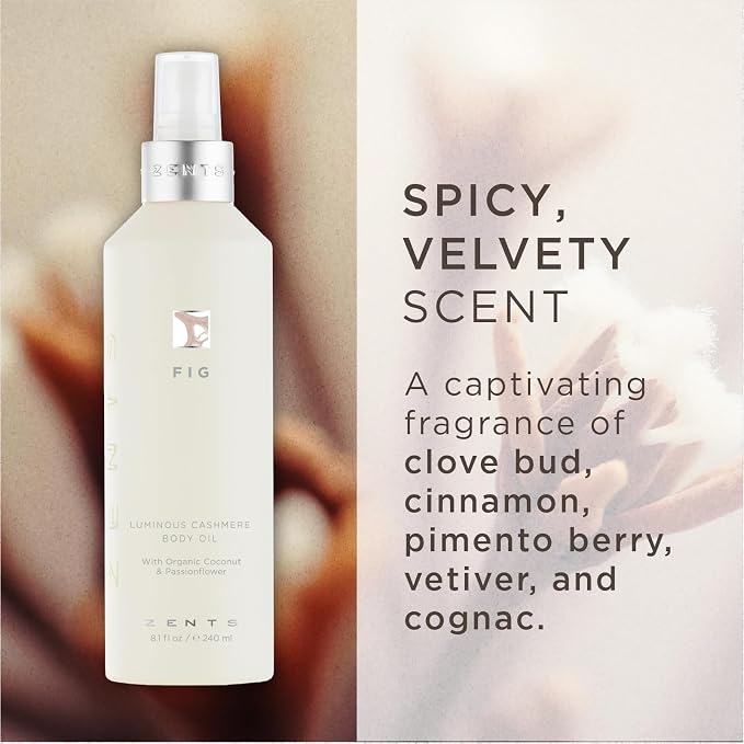 Zents Luminous Cashmere Body Oil (Fig Fragrance) | Moisturizing Body Oil with Vitamin E & Organic Coconut Oil | Softens & Smooths Skin | 8 fl oz