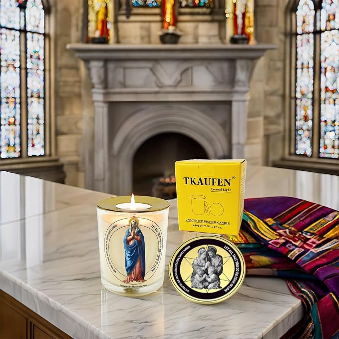 Mother Virgin Mary Candle 50 Hours with Warmer Ring│Natural Soy Wax│Catholic Ritual, Family Protection, Spiritual Guidance, Miraculous Blessing, Eternal Love, Grief Comfort│Design in Paris│3“×3.6”