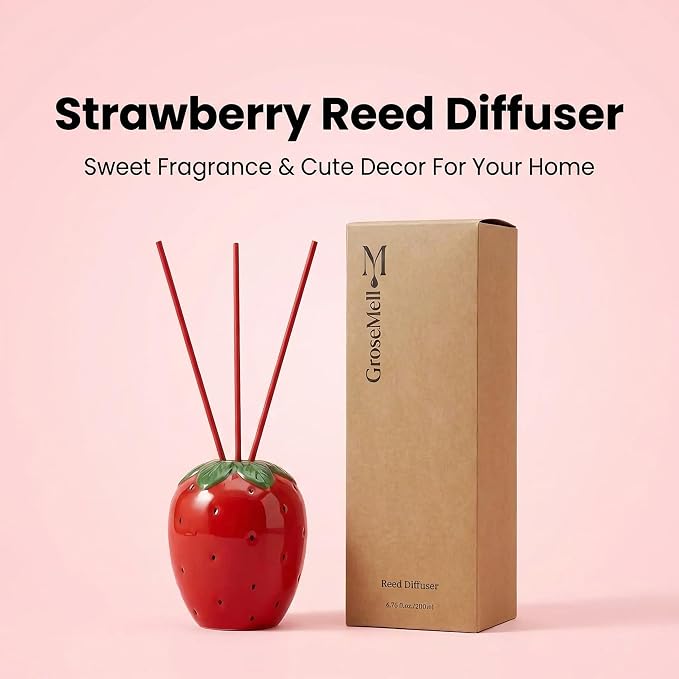 Strawberry Scented Reed Diffuser Set – 6.76 fl oz (200ml) with Sticks, Creative Strawberry-Shaped Ceramic Design for Home, Bedroom & Bathroom Decor, Long Lasting Aromatherapy Gift