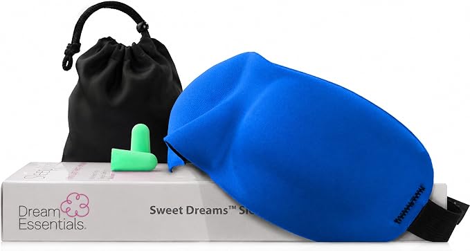 Dream Essentials Sweet Dreams Contoured Sleep Mask Kit, Royal Blue Eye Mask for Sleeping with Travel Pouch, Earplugs, Lash Space, Quick Release Strap, Light Blocking Travel Accessories Gift Set