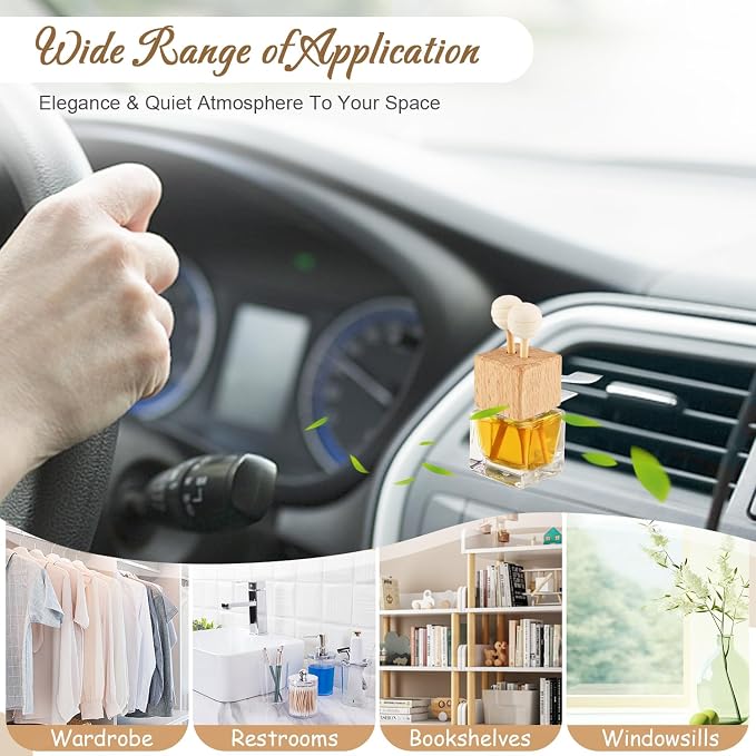 50 Pack,8ml Clear Glass Car Air Freshener Perfume Clip Diffuser,Empty Essential Oil Perfume Vials Diffuser Vent Outlet,Thick Auto Glass Ornament with Wooden Caps,Stick for Car Scent Fragrance