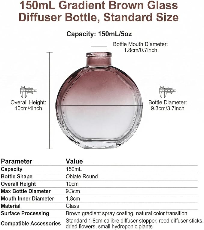1Pcs 150ml/5oz Empty Refillable Glass Diffuser Bottles Aromatherapy Jar Container Fragrance Accessories Use for DIY Replacement Reed Diffuser Sticks Sets Essential Oils Crafts Decor, Brown Gradient