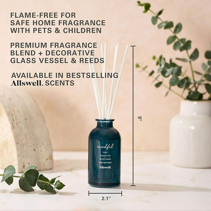 Scented Reeds Diffuser 3 fl oz (90mL) with 8 Synthetic Reeds (Mindful (Sage + Eucalyptus + White Cedar)