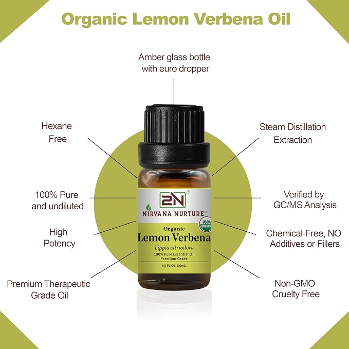 Lemon Verbena Essential Oil, USDA Certified Organic, 100% Pure Undiluted, Aromatherapy Oil for Diffuser, Hair & Skin Care