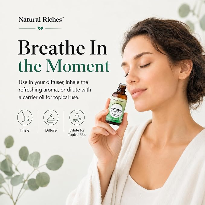 Natural Riches Breathe Essential Oil Blend Breathe Easy with Peppermint Eucalyptus Tea Tree Lemon Cardamom Pine Needle Essential Oils - 2 x 30 ml
