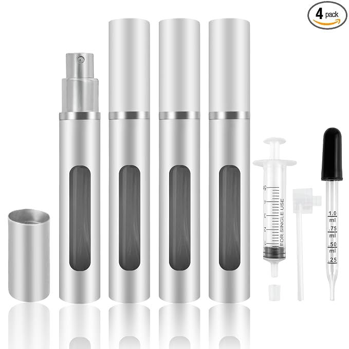 4 Pack Refillable Mini Perfume Atomizer Bottle，Portable Separate Bottles，Travel and Outings Spray Boxes Dispensers 5ml/0.2oz (Silvery)