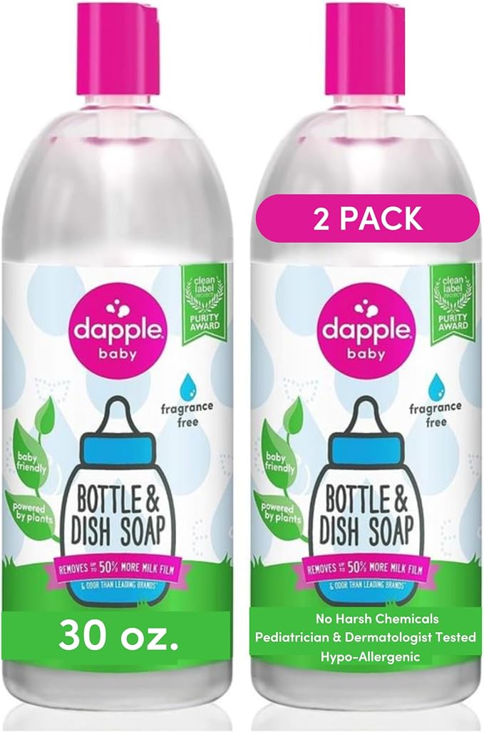 Dapple Baby Fragrance-Free Baby Bottle & Dish Soap Refill - (2 Pack) 30 fl oz - Plant-Powered Cleaner for Bottles, Pump Parts, and Sippy Cups - Removes Milk Film & Odors