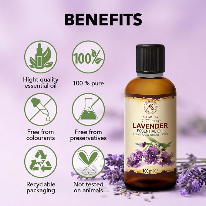 Lavender Essential Oil 3.4 Fl Oz - Lavandula Angustifolia - 100% Pure & Natural use for Tension Relief - Good Mood - Freshen Rooms - for Bath - Sauna - Scented Oils