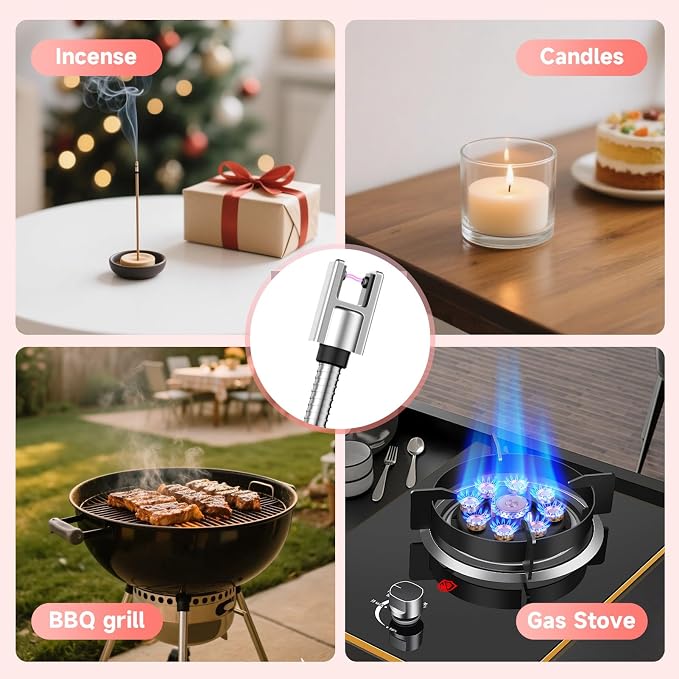 Electric Candle Lighter, USB-C Rechageable Flameless Lighters for Camping, Long Lighter with 360° Flexible Neck & Safety Switch, Windproof Lighters for BBQ, Gift for Mom, Wife (Rose Gold)