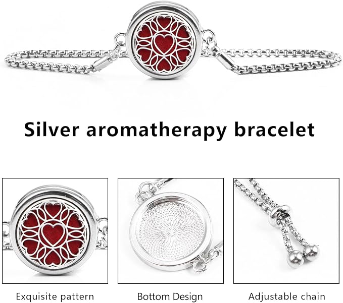 Essential Oil Diffuser Bracelet Aromatherapy Locket - Adjustable Stainless Steel Heart with 10 Pcs Refill Pads for Women Girls