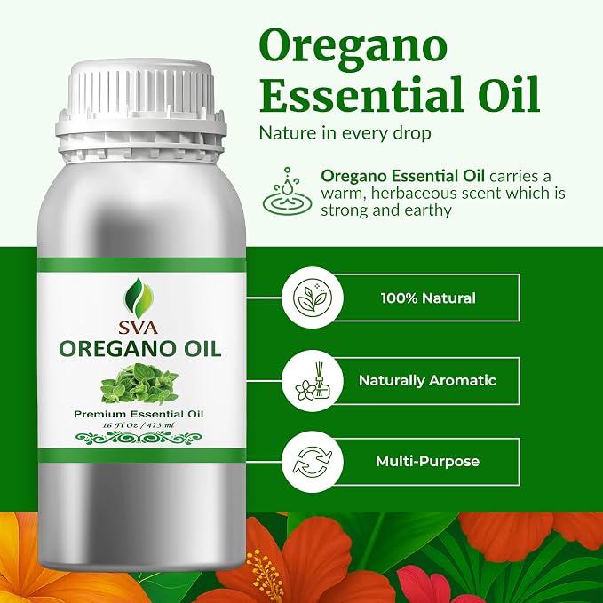 SVA Oregano Essential Oil – 16 Fl Oz – 100% Natural Oregano Oil - for Diffuser, Hair Care, Face, S-kin Care, Aromatherapy, Scalp and Body Massage, Soap and Candle Making