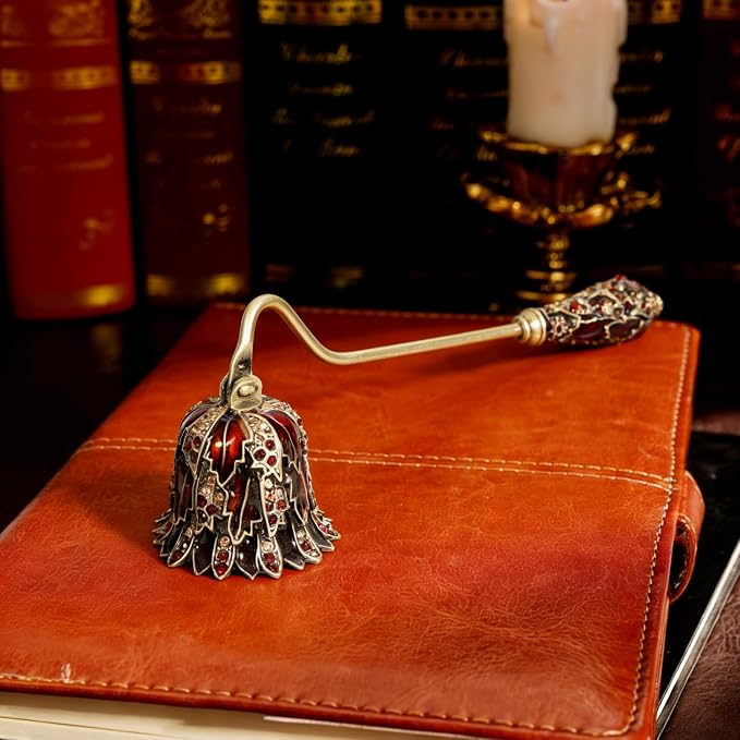 Gold and White Decorative Candle Snuffer with Bell Design and Rhinestone Accents (Burgundy with Gold)