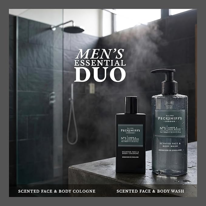 Pecksniff's Face & Body Duo Amber & Oud Wood – Men’s Grooming Gift Set with 100ml Face & Body Cologne and 250ml Body Wash – Luxury Fragrance Collection, Made in England