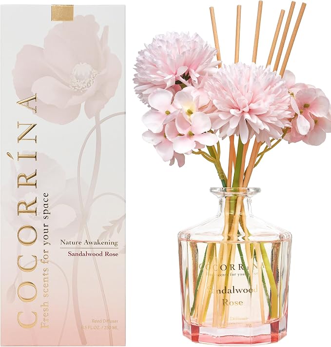 COCORRÍNA Reed Diffuser - Sandalwood Rose 8.5 Fl.oz Flower Reed Diffuser Set with 8 Sticks, Home Fragrance Reed Diffuser for Home Bedroom Office Bathroom Shelf Decor (Master Collection)
