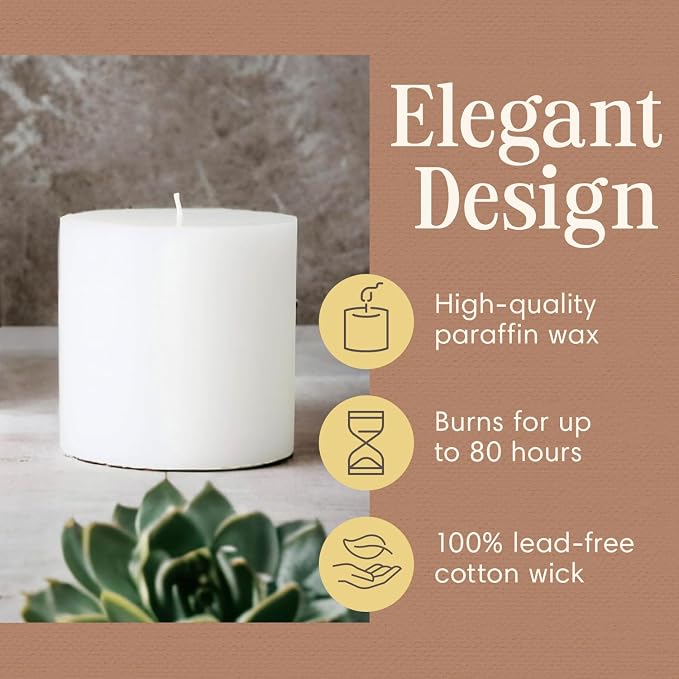 Mister Candle 4" x 4" White Pillar Candles Set of 2 – Unscented, Smokeless, Dripless Handmade Paraffin Wax Candles – Long 80 Hour Burn Time – Decorative Centerpiece & Home Decor Candle Set